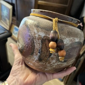 5”T 6”D Hand painted Studio Pottery stoneware Planter W/leather Tie,vintage - Picture 1 of 4