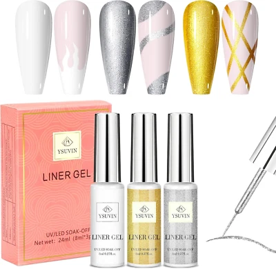 Liner Semipermanente Unghie, 3 Colori Oro Argento Bianco Gel Semipermanente Ungh - Immagine 1 di 4
