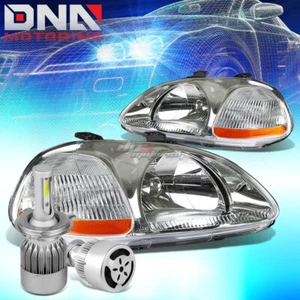 CHROME HOUSING HEADLIGHT AMBER CORNER+WHITE LED H4 HID W/FAN FIT 96-98 CIVIC EJ - Picture 1 of 8
