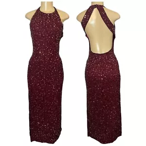 Y2K ROMY SCALA Kleid Seide Pailletten Neckholder hinten offen rot burgund Größe Medium - Bild 1 von 10