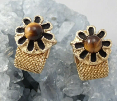 Gemelos de malla floral chapados en oro ojo de tigre genuino vintage Foto 1 de 4