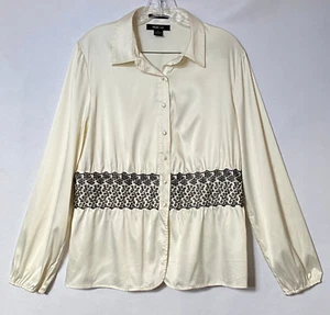 Style & Co Blouse Womens 14 Multicolor Satin Cinched Lace St Moritz Button Down - Picture 1 of 13