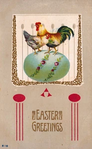 A828 Vintage Postkarte Ostern Grußkarte geprägt Huhn Hühner Deko Ei gold - Bild 1 von 2