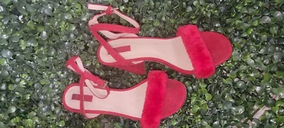 FOREVER 21 Women's Red Faux Suede Fluff Ankle Strap Block High Heel Sandal. - Image 1 of 4