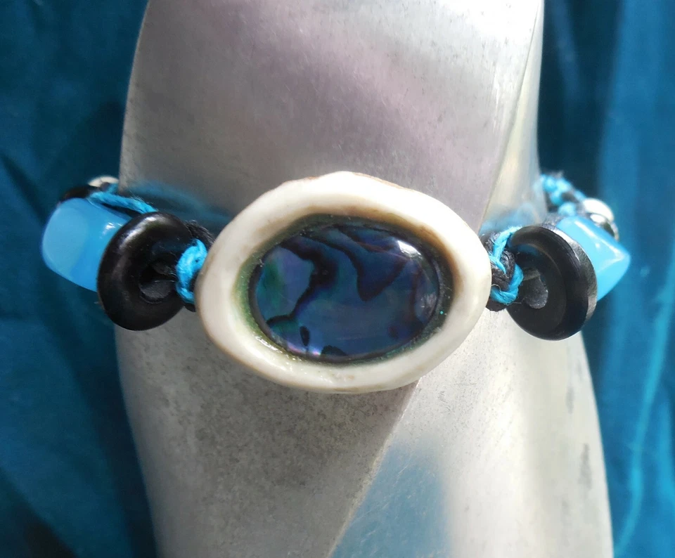 Blue Abalone Shell Antler Adjustable Hemp Bracelet Anklet w/ Rainbow Quartz Onyx - Image 1 of 4
