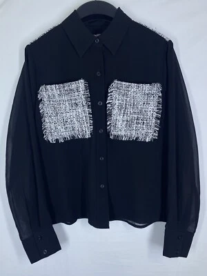 Karl Lagerfeld Blouse Women XXS 2XS Black Lace Mesh Long Sleeve Button Up Paris - Image 1 of 4