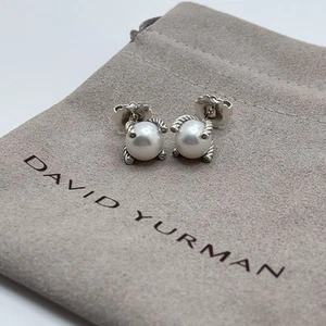 David Yurman Sterling Silver 925 9.5mm Pearl Diamond Earrings - Picture 1 of 4