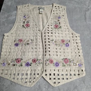 Tantrums VTG Embroidered Lattice Floral  Cottage Granny Vest Womens Medium - Picture 1 of 7