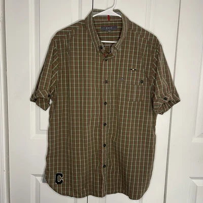 Cavi Olive Red Plaid Short Sleeve Button Up Size XL Varsity Letter Embroidered - Image 1 of 4
