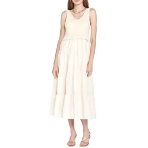 En Saison Alwin Strick Popeline Stufen V-Ausschnitt Kleid Creme XS - Bild 1 von 12