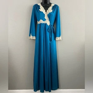 Bata larga vintage Kayser vestido antrón nailon azul blanco corbata de encaje talla S - Imagen 1 de 10