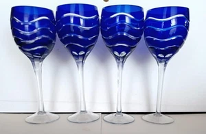 4 Cut To Clear Bohemian Wine Glasses. Swirl Design Cobalt Blue - Bild 1 von 5