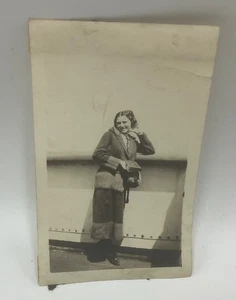 Pretty Young Woman Suit Pants Ship Deck-1920’s Sepia Photo Snapshot - Picture 1 of 4