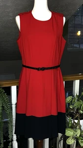 Calvin Klein Dress Womens Size 12 Red Black Sleeveless Pleated Belted Colorblock - Picture 1 of 18