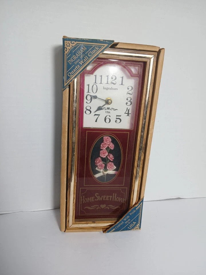 Vtg NIB Ingraham USA Wooden Wall Clock Glass Front Red & Gold 12.75" Pink Roses - Image 1 of 4