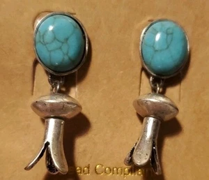 Squash Blossom Style Silver Tone Earrings Faux Turquoise Pierced Western 1" Boho - Picture 1 of 4