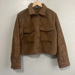 Express Women's Brown and Tan Jacket Size Large Lace On Arms - Picture 1 of 13