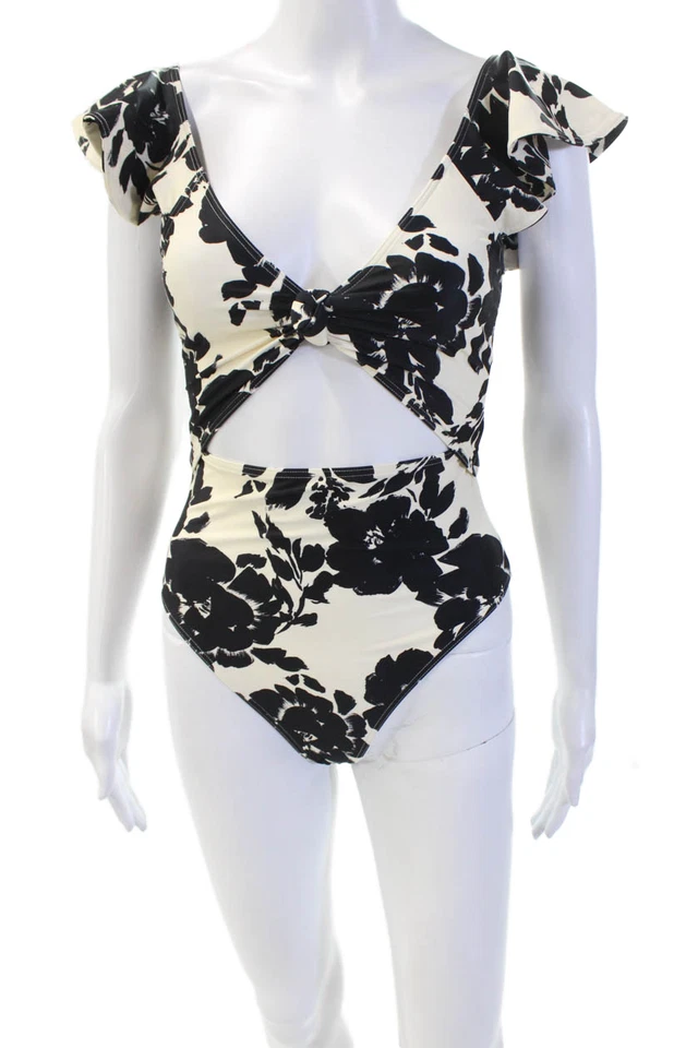 Tanya Taylor Womens Knotted V Neck Cut Out Floral One Piece White Black Size XS - Image 1 of 3