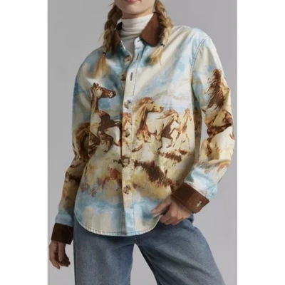 Camisa BDG Urban Outfitters Estampado Caballos Cuello Pana Abotonada Pequeña Nueva con Etiquetas Foto 1 de 4