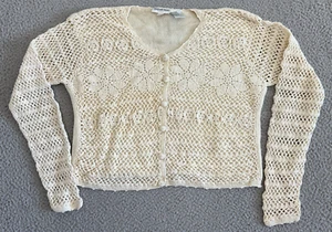 Vintage Newport News Crochet Cardigan Sweater Small Cream Boxy Crop - Picture 1 of 12