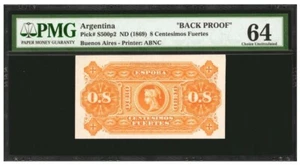 Very Rare 1869 Argentina 8 Centesimos Fuertes Back Proof PMG 64 Top Finest - Picture 1 of 2