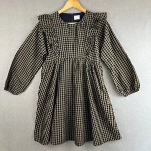 J Crew Crewcuts Girls Dress 12 Long Sleeve Ruffle Shoulder Brown Black Gingham - Picture 1 of 9