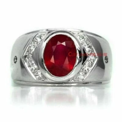 Natural Ruby & CZ Gemstones with 925 Sterling Silver Ring For Men's - Image 1 of 4