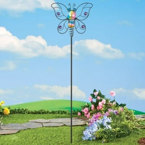 3 Foot Tall Delightful Metal Butterfly Rainbow Gazing Ball Outdoor Garden Stake - Picture 1 of 2