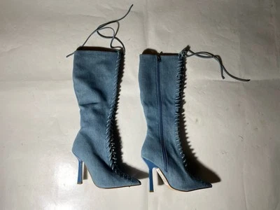 Clearance- 7.5M Womens Steve Madden Lace Up Knee High Boots Stiletto Heel Fabric - Image 1 of 4