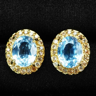 925 Sterling Silver 24K Gold Halo Earrings Pristine Icy Blue Aquamarine 5.20Ct - Image 1 of 4