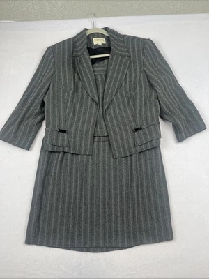 ALBERTO MAKALI Mujer 3 Piezas Falda Traje Blazer Chaqueta Talla 14 Gris Pin Rayas Foto 1 de 4