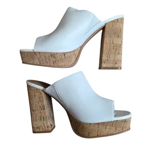 Lisa Vicky JOY-V Blanco Cuero Plataforma Mules Corcho Bloque Tacón Mujer 8.5 - Imagen 1 de 8