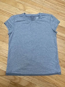 EUC Athleta Girl Cross Back Mesh Tee, Sz 12, Grey White Striped - Picture 1 of 6
