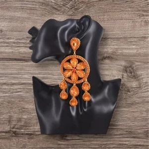 Orange Rhinestone Long Dangling Statement Fashion Earrings Accessory - Picture 1 of 9