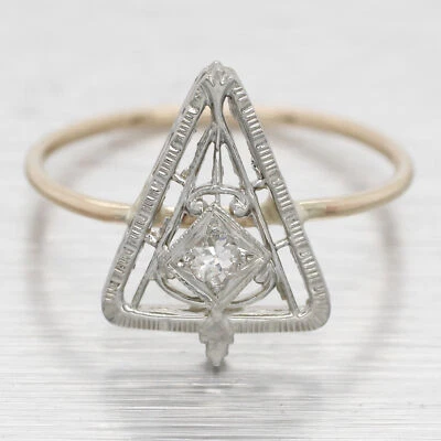 Antique Art Deco 0.05ct Diamond Triangular Cocktail Ring - 14k White Gold - Image 1 of 4