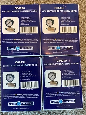 Lot of 4, Jones Stephens 3/4 In. FIP 30 PSI Gas Test Gauge Assembly G64-030 NEW
