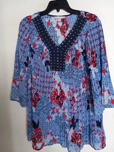 WOMAN WITHIN Blue Floral Accordion Pleat 100% Polyester Tunic Top-Size M (14-16) - Picture 1 of 3