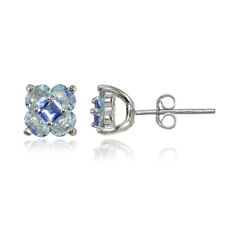 Sterling Silver Aquamarine and Tanzanite Flower Stud Earrings