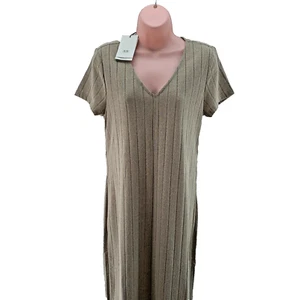 JDY Ribbed Maxi Dress, Tonsy Lina Short Sleeve V-neck, Size L, Humus Melange - Picture 1 of 17