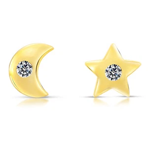 10K Real Solid Yellow Gold Star Moon CZ Sleeper Studs Earrings Screw-back - Picture 1 of 6