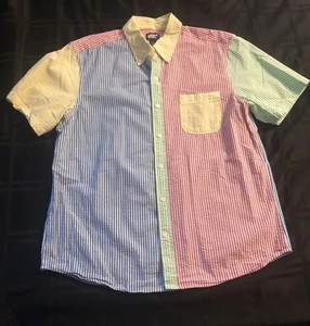 LANDS' END Mens Large Seersucker Color Block Button Down Short Sleeve Shirt - Picture 1 of 6