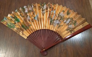 Vintage Chinese Folding Wall Fan Birds And Floral~30"X 48" Gold Paper EX COND - Picture 1 of 15