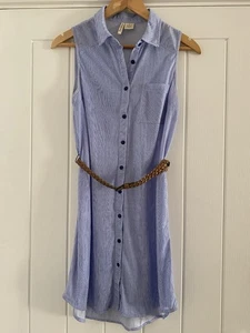 Passport Blue White Striped Stretchy Button Front Shirt Dress with Belt Size M - Picture 1 of 8