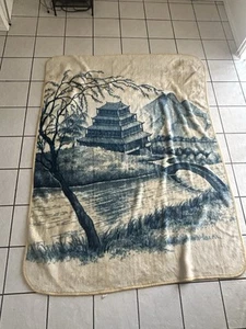 RARE VINTAGE SAN MARCOS BLANKET MEXICAN 69" X 90" TEMPLE BLUE ASIAN RIVER - Picture 1 of 3