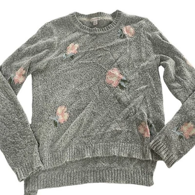 Suéter feminino Xhilaration pequeno cinza rosa floral gola redonda algodão - Imagem 1 de 4