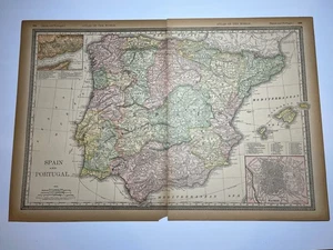 1894 2-Pc Map of SPAIN & PORTUGAL Fm 1894 R-McN Library Atlas SEE PICs & DESCRIP - Picture 1 of 4