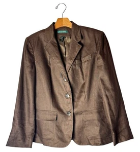 Blazer Lauren Ralph Lauren Mujer 8 Marrón Lino Sencillo Pecho Carrera Preppy - Imagen 1 de 10