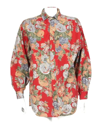 Top de algodón abotonado vintage años 80 Ralph Lauren etiqueta azul rojo floral cabaña talla 8 773 Foto 1 de 4