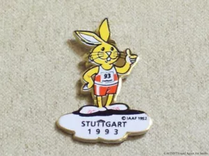 Pin de mascota del Campeonato Mundial de Atletismo de la IAAF 1993 Stuttgart Alemania insignia - Imagen 1 de 6