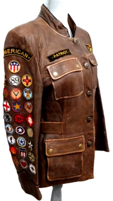 Double D Ranch AMERICAN PATRIOT Patches Brown Military Leather Jacket Size M - Image 1 of 4